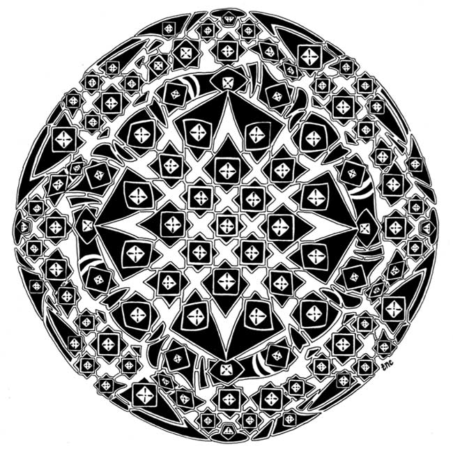 Kaleidoscope • 6.5x6.5" Framed 16x16" • Original Black Pen Drawing